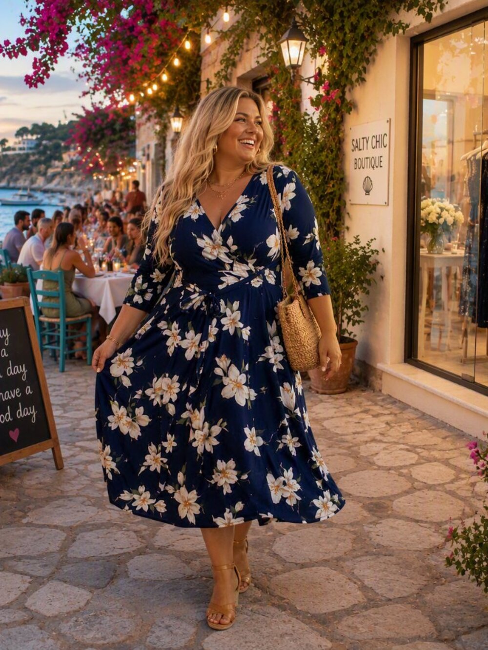 Wrap Dress Navy Floral Wrap Midi Dress with Tie Waist - Picture 2 of 5